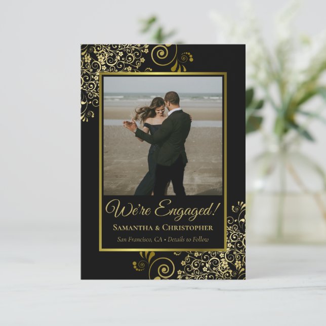 Elegant Gold Curls on Black with Photo Engagement Announcement (Standing Front)