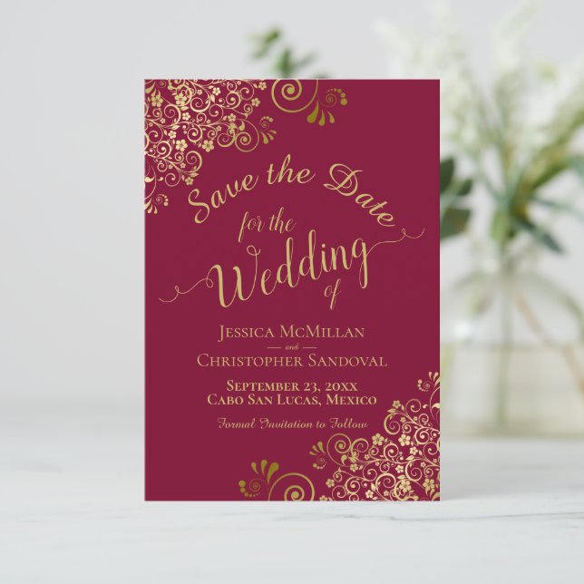 Elegant Gold Curls on Burgundy Maroon Wedding Save The Date (Standing Front)
