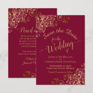 Elegant Gold Curls on Burgundy Maroon Wedding Save The Date