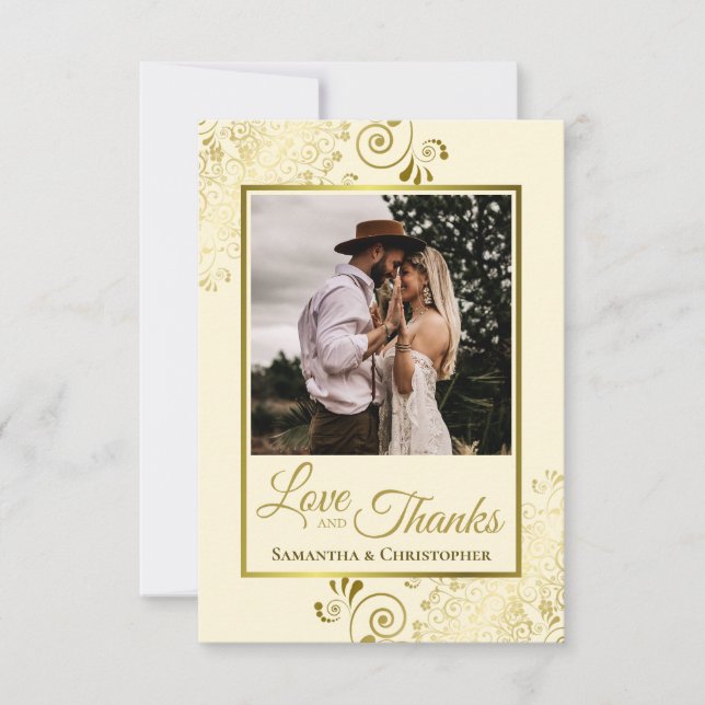 Elegant Gold Curls on Cream Love & Thanks Wedding Thank You Card (Front)