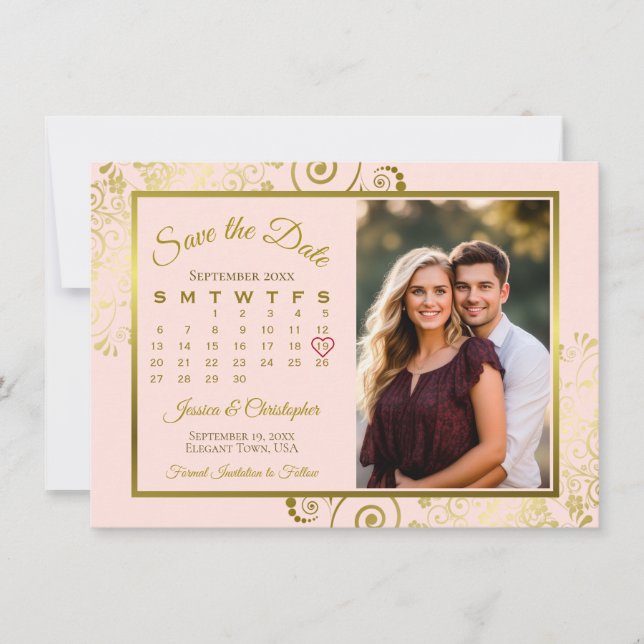 Elegant Gold Curls on Pink Calendar Photo Wedding Save The Date (Front)