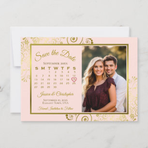 Elegant Gold Curls on Pink Calendar Photo Wedding Save The Date