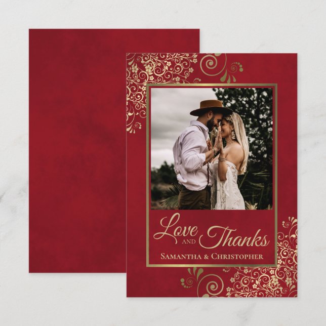 Elegant Gold Curls on Red Love & Thanks Wedding Thank You Card (Front/Back)