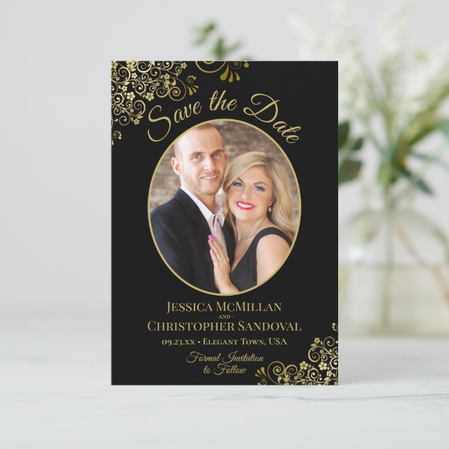 Elegant Gold Curls Oval Photo Black Wedding Save The Date (Standing Front)