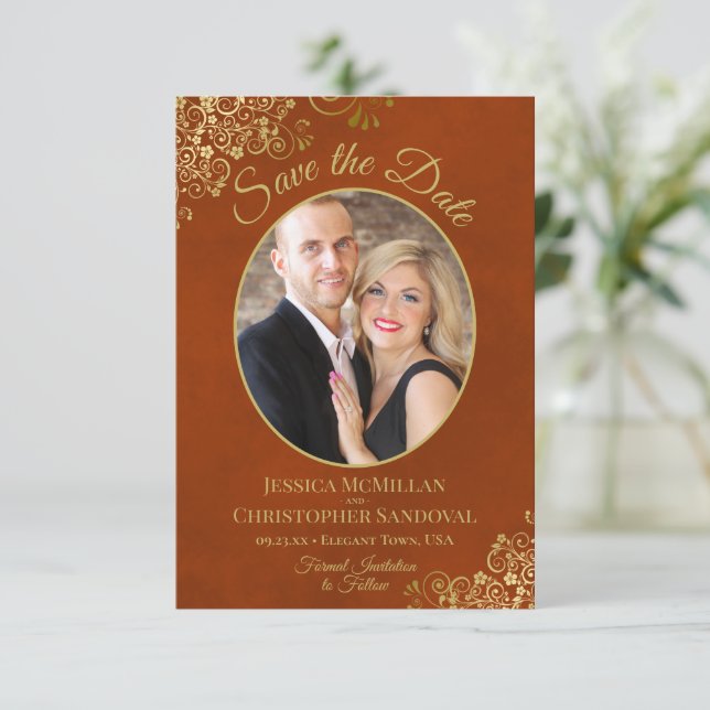 Elegant Gold Curls Oval Photo Marbled Rust Wedding Save The Date (Standing Front)
