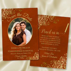 Elegant Gold Curls Oval Photo Marbled Rust Wedding Save The Date