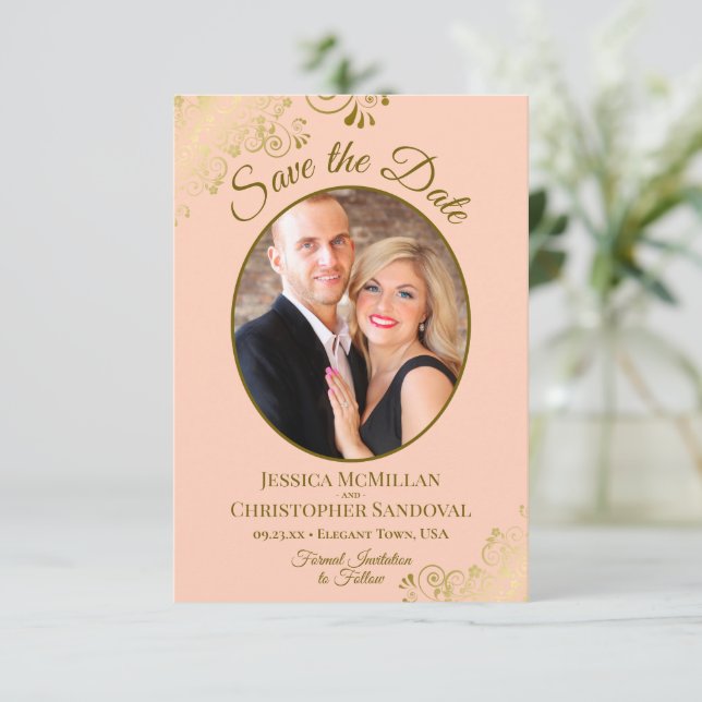 Elegant Gold Curls Oval Photo Peach Orange Wedding Save The Date (Standing Front)