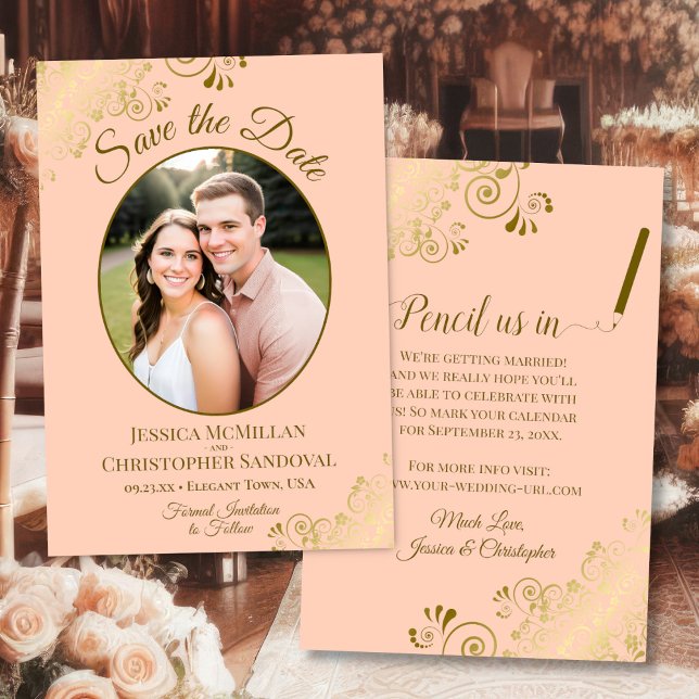 Elegant Gold Curls Oval Photo Peach Orange Wedding Save The Date (Front/Back)
