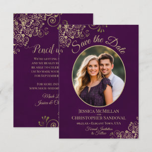Elegant Gold Curls Oval Photo Plum Purple Wedding Save The Date