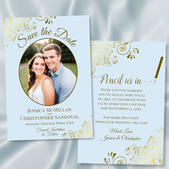 Elegant Gold Curls Oval Photo Powder Blue Wedding Save The Date (Front/Back)