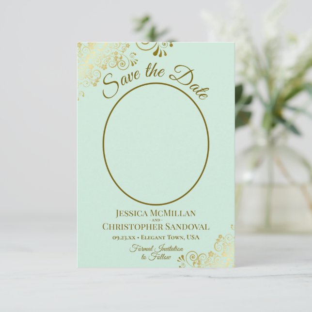 Elegant Gold Curls & Photo Neo Mint Green Wedding Save The Date (Standing Front)