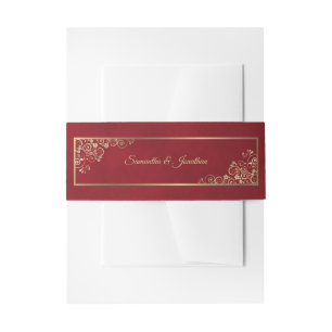 Elegant Gold Curls & Swirls Crimson Red Wedding Invitation Belly Band