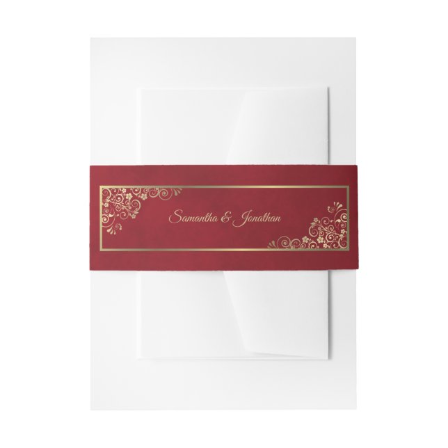 Elegant Gold Curls & Swirls Crimson Red Wedding Invitation Belly Band (Front Example)