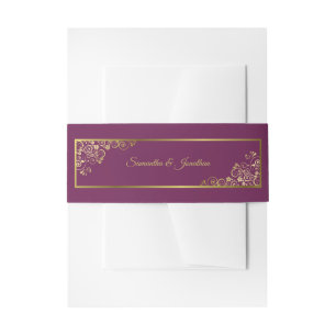 Elegant Gold Curls & Swirls Magenta Wedding Invitation Belly Band