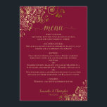 Elegant Gold Curls & Swirls on Burgundy Wedding Menu<br><div class="desc">This beautiful wedding menu is simple,  elegant,  sophisticated and stylish. It features an elegant burgundy,  maroon,  or wine-red coloured design with lacy gold script calligraphy and delicate golden curls and swirls in the corners. The back is a beautiful marbled gold colour.</div>