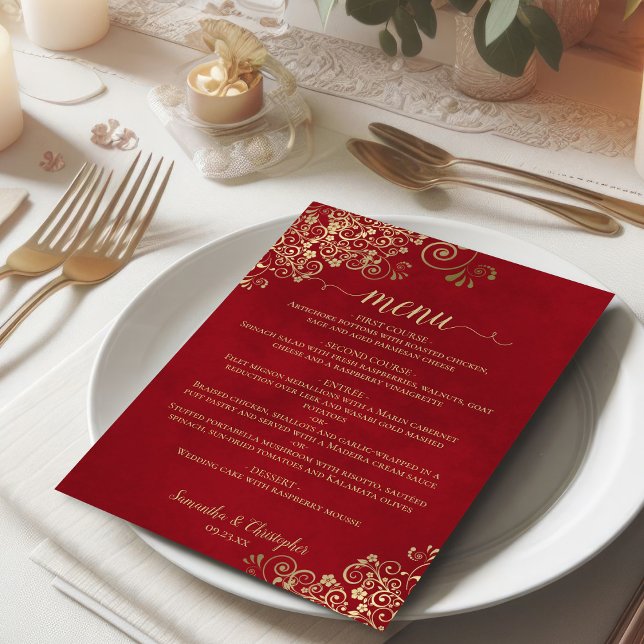Elegant Gold Curls & Swirls on Crimson Red Wedding Menu (On Plate)