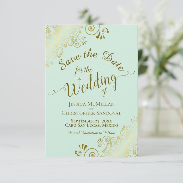 Elegant Gold Curls & Swirls on Mint Green Wedding Save The Date (Standing Front)