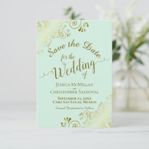 Elegant Gold Curls & Swirls on Mint Green Wedding Save The Date