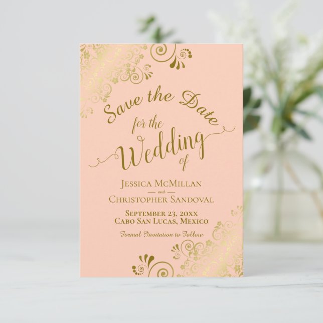 Elegant Gold Curls & Swirls on Peach Wedding Save The Date (Standing Front)