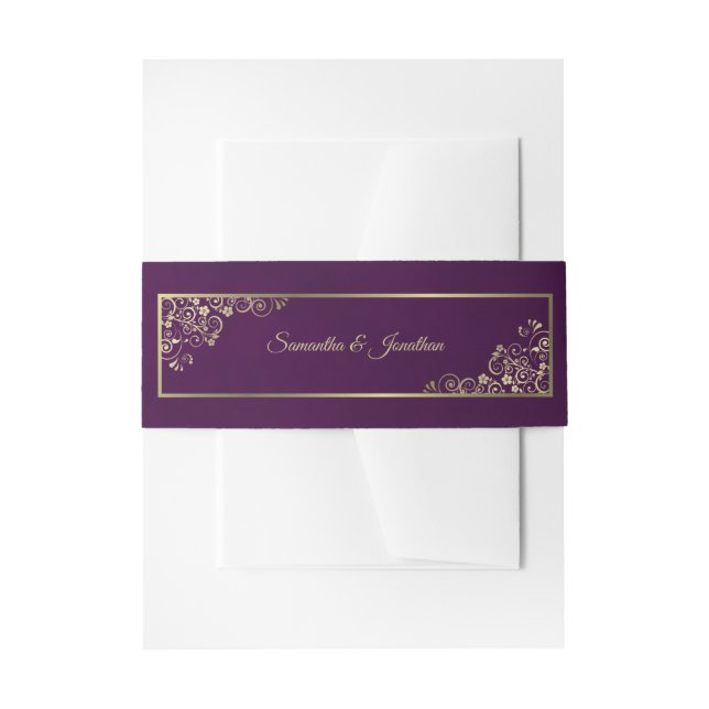 Elegant Gold Curls & Swirls Plum Purple Wedding Invitation Belly Band (Front Example)