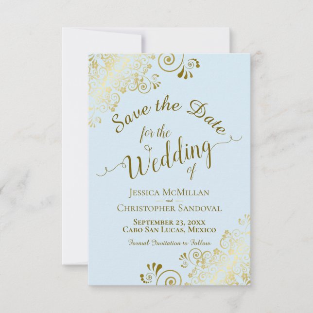 Elegant Gold Curly Filigree on Powder Blue Wedding Save The Date (Front)