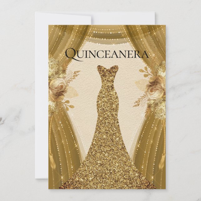 Elegant Gold Curtains Dress Quinceanera Party Invitation (Front)