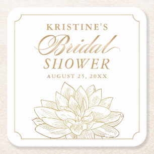 Elegant Gold Dahlia Floral Bridal Shower Square Paper Coaster