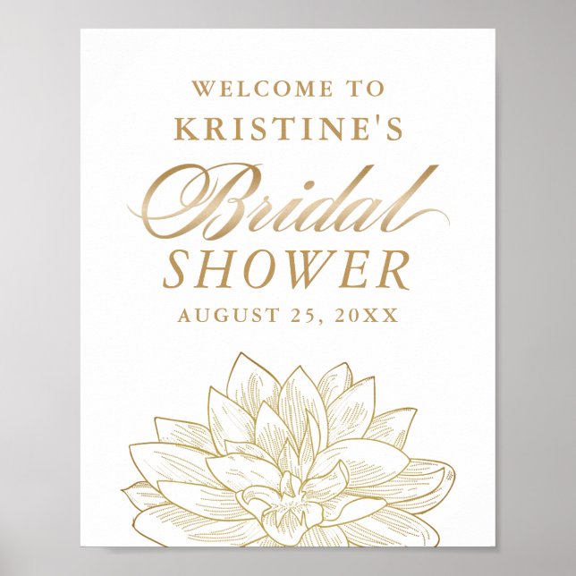 Elegant Gold Dahlia Floral Bridal Shower Welcome Poster (Front)
