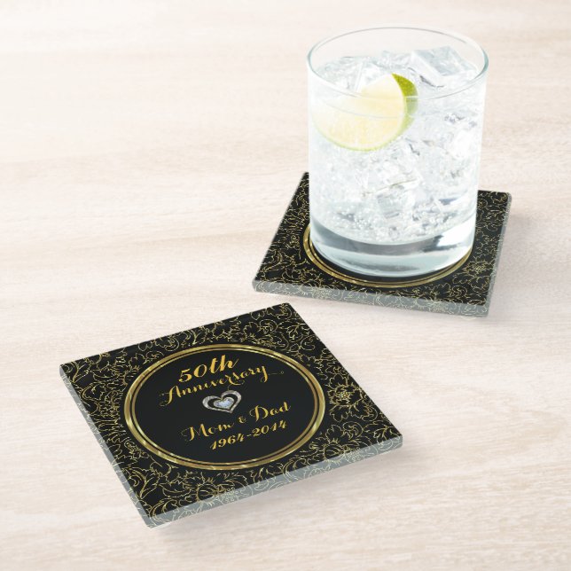 Elegant Gold Damask 50th Anniversary Glass Coaster (Angled)