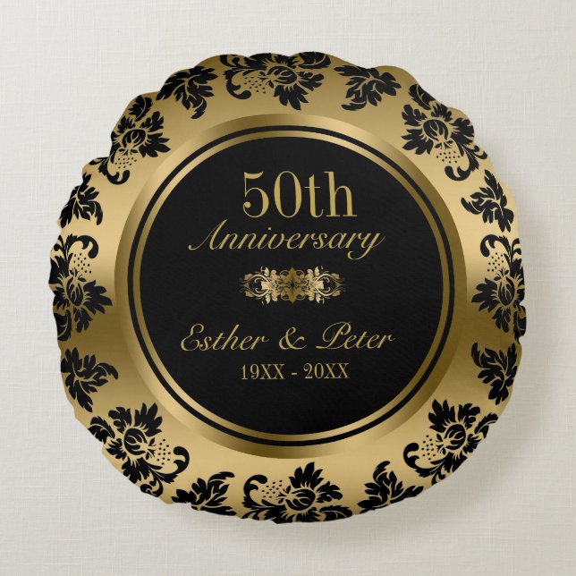 Elegant Gold Damask 50th Wedding Anniversary Round Cushion (Front)