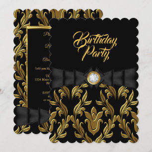 Elegant Gold Damask Black Bow Birthday Party Invitation