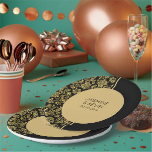 Elegant Gold Damask & Black Split Screen Paper Plate
