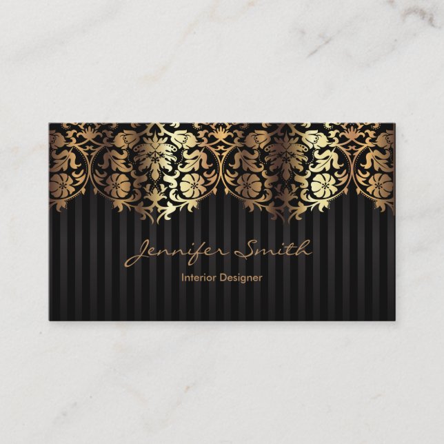 Elegant Gold Damask Black Template Business Card (Front)