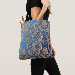 Elegant Gold Damask Brocade Pattern on Blue Tote Bag