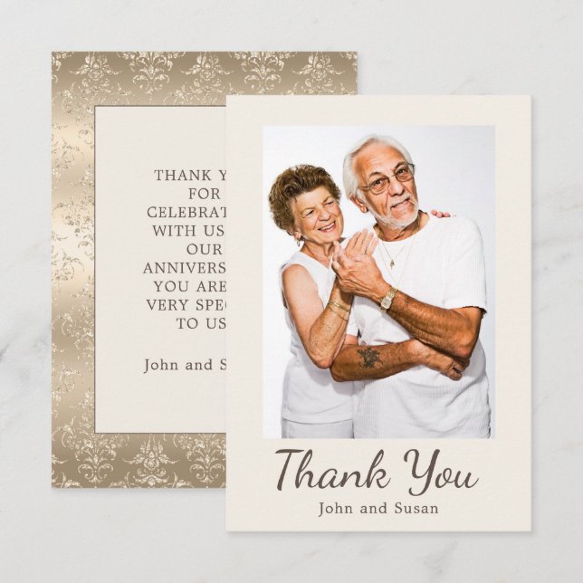 Elegant Gold Damask Cream Wedding Anniversary   Thank You Card (Front/Back)