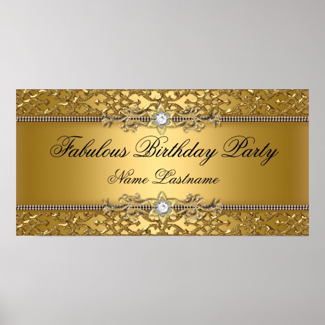 Elegant Gold Damask Embossed Birthday Banner Poster (Front)