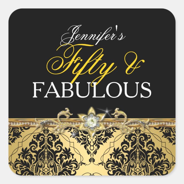 Elegant Gold Damask Fifty and Fabulous 2 Square Sticker (Front)