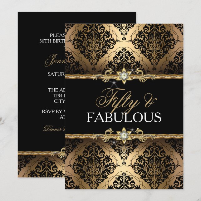 Elegant Gold Damask Fifty and Fabulous Invite (Front/Back)