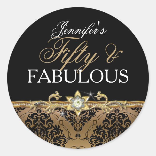 Elegant Gold Damask Fifty and Fabulous Sticker (Front)