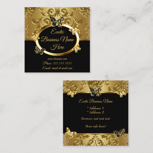 Elegant Gold Damask Floral Butterflies On Black Square Business Card (Front/Back)