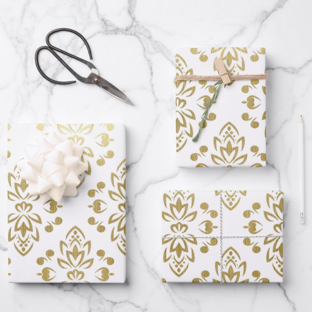 Elegant Gold Damask Floral Pattern Wedding Wrapping Paper Sheet (Front)