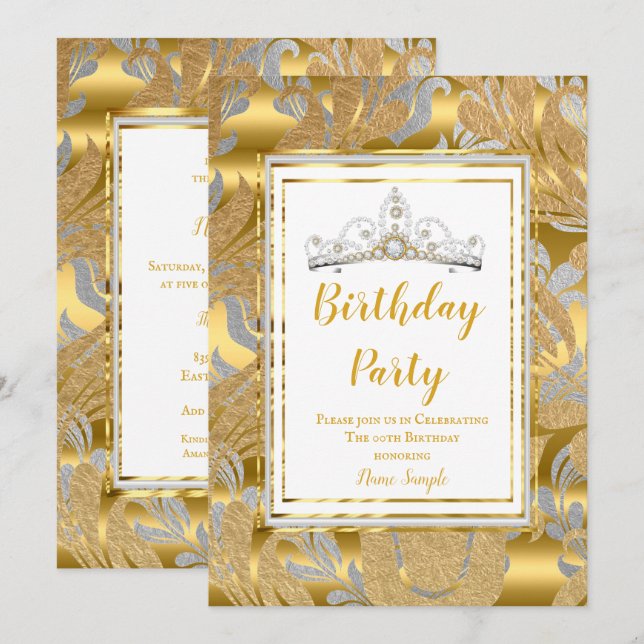 Elegant Gold Damask Grey Tiara Birthday Party Invitation (Front/Back)