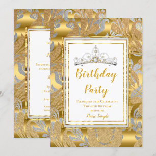 Elegant Gold Damask Grey Tiara Birthday Party Invitation