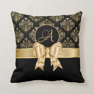 Elegant Gold Damask Monogram On Black  Cushion