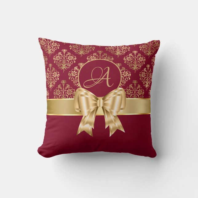 Elegant Gold Damask Monogram On Burgundy Cushion (Front)