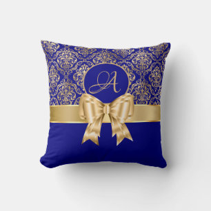 Elegant Gold Damask Monogram On Navy Blue Cushion
