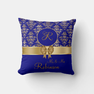 Elegant Gold Damask Monogram On Navy Blue Cushion