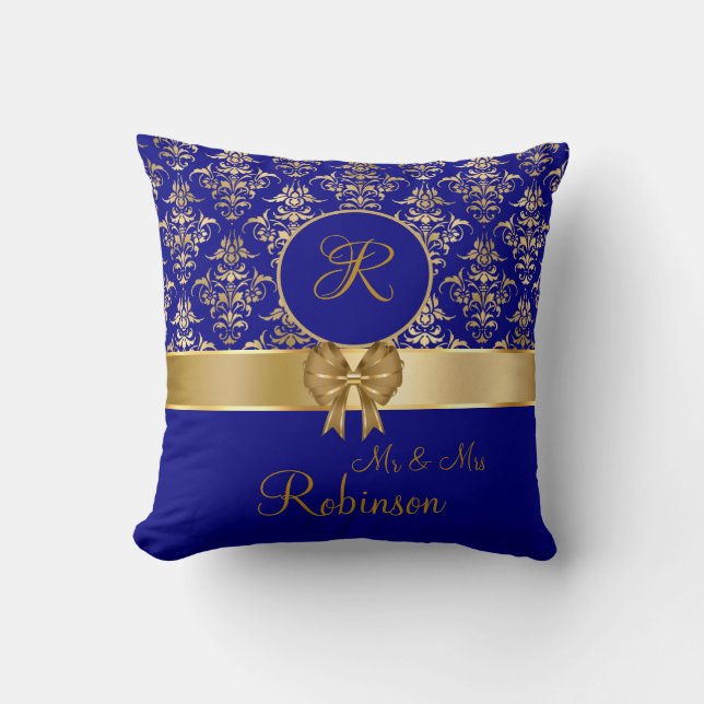 Elegant Gold Damask Monogram On Navy Blue Cushion (Front)