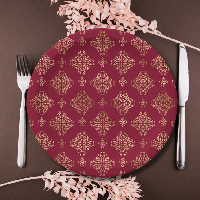 Elegant Gold Damask On Burgundy Paper Plate (Creator Uploaded)