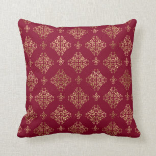 Elegant Gold Damask On Burgundy Throw Pillow
